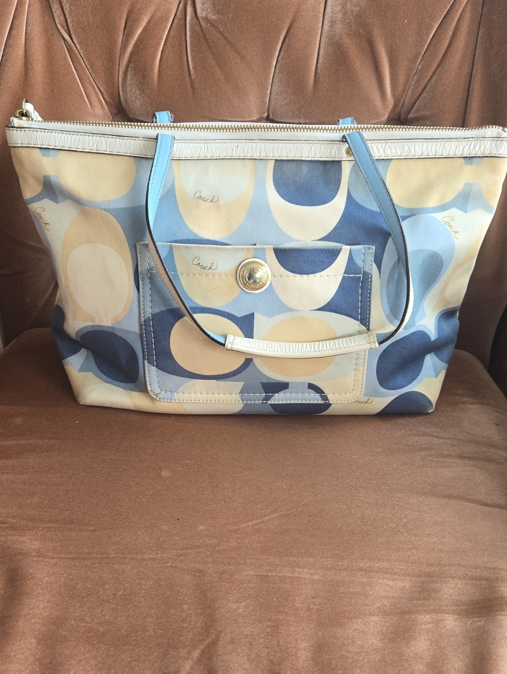 Coach Signature Tote in Blue, Cream & Tan